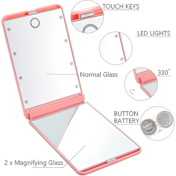 Resväska Kompakt Makeup Spegel Bärbar Touch Switch Förstorad Ljus Liten Spegel med 8 LED-lampor för Mors dag (Slumpmässig färg