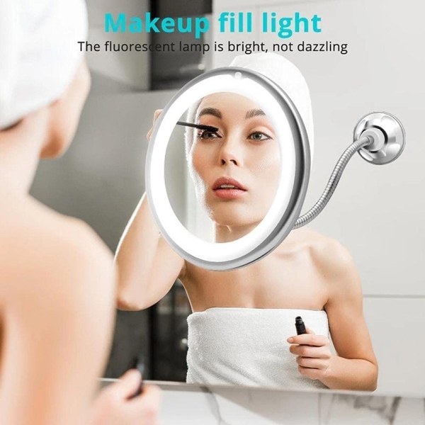 LED Makeup Spejl - 10 LED-lys - 360° drejelig - Vægmonteret - Badeværelsesspejl - Sminkspejl med svanehals og sugekop