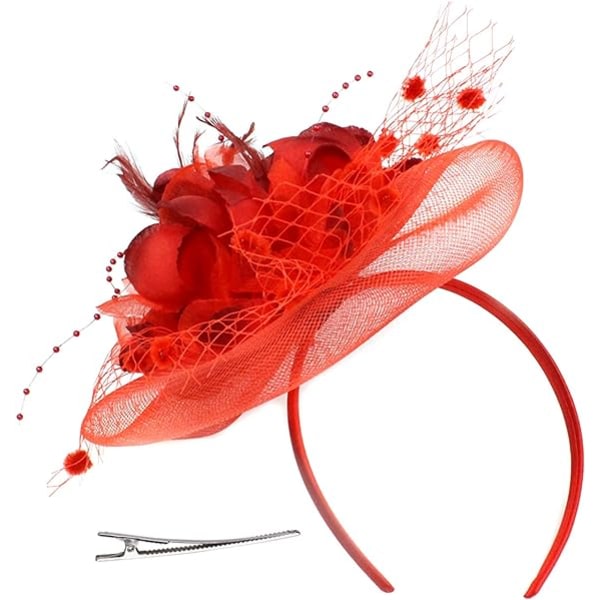 Kvinders Fascinators Pillekasse Hat Dame Blomster Bowler Hat Fjer Bryllup Cocktail Hat Hårclips Fest Hat Hårtilbehør med hårsløjfe (rød)