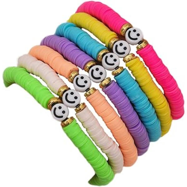 7 st/förpackning Bohemia Polymer Clay Bead Armband Färgglada Surfer Stretch Stackable Armband för Kvinnor Tonårsflickor Sommar Strand Smycken