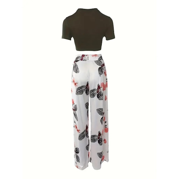 Boho Sommar Tvådelat Set, Kortärmad T-shirt & Högmidjad Blommig Print Bred