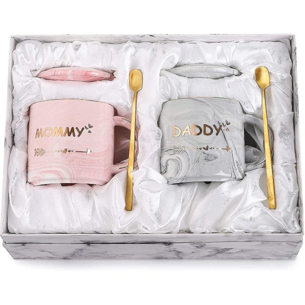 2-pack Mamma och Pappa Muggar 350ml Present till Nya Föräldrar Baby Shower Mors Dag Fars Dag Marmorerad Keramisk Kaffekopp S