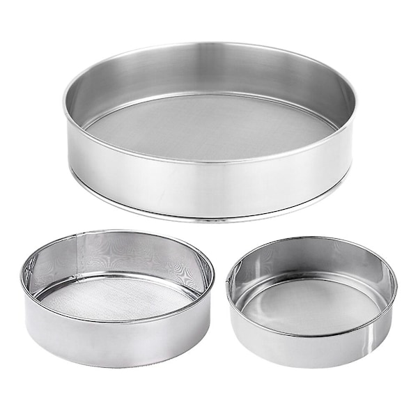 3-pak rustfri stål mel sigter, fine masker sigter, pulversigter, bagning, køkken (40 mesh, 15 cm + 20 cm + 25 cm) Sølv 20 x 20 x 4.5 cm Sølv Silver 20x20x4.5cm