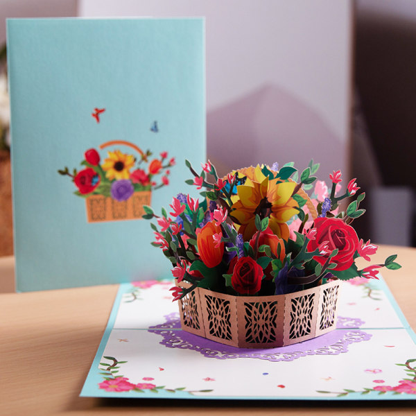 Rose Basket Pop Up -kortti, käsintehty kukka onnittelukortti, 3D äitienpäivä syntymäpäiväkortti, vuosipäivä, ikävä, kiitoskortti, äitienpäivä syntymäpäivä Gi