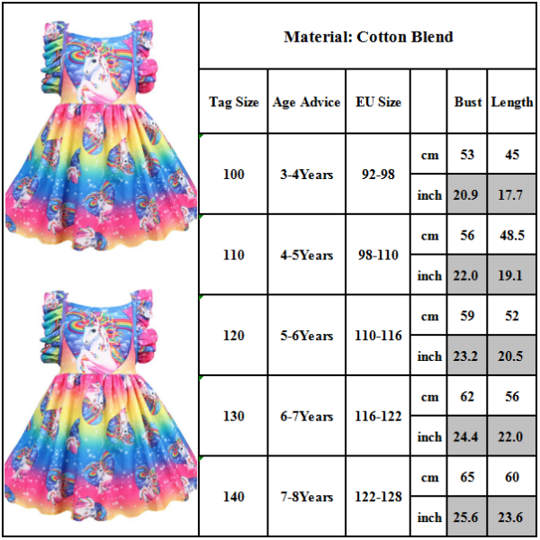 Børns Piger Regnbue Enhjørning Ruffle Prinsesse Kjole Festkjole 120 cm