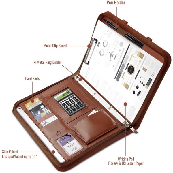 A4-portefølje med håndtag, multifunktionel organiseringsmappe med lynlås A4-dokumentholder Business Diary for Office PU-læder - brun