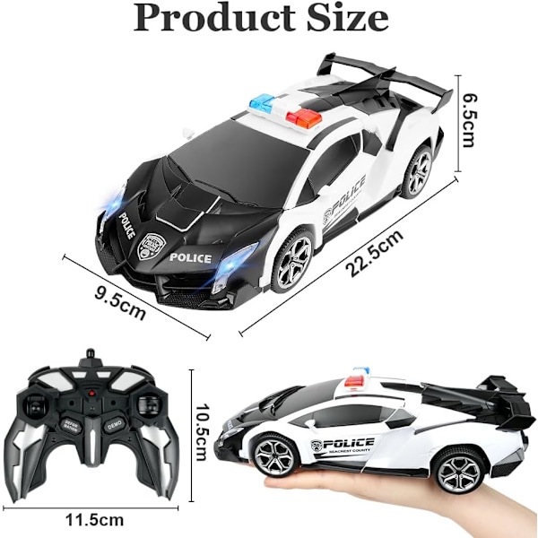 Fjernstyrt Bil, 1:18 Transformerende Leke, 2-i-1 Transformerende Robotleke med 2.4GHz Fjernkontroll, Politibil, Leke White