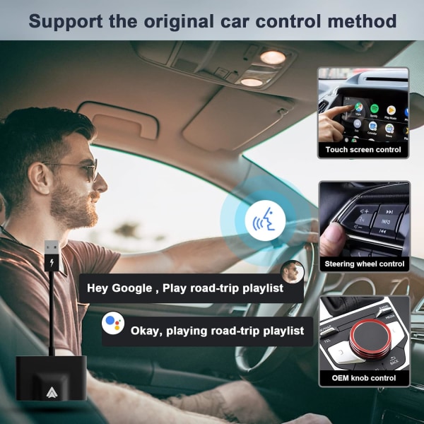 Langaton Android Auto -auton sovitin, 2024 päivitys Helppo liitä ja käytä -sovitin, Muuntaa langallinen CarPlay langattomaksi