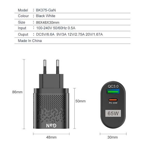 65W GaN hurtigladeradapter hvit white