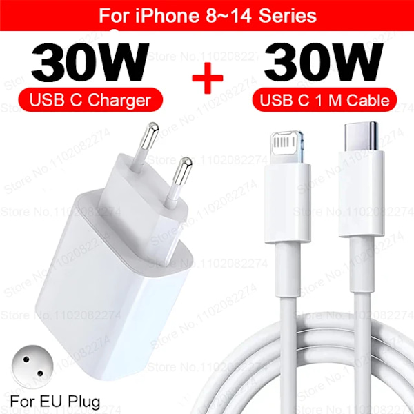 PD 30W Hurtiglader for Apple iPhone 15 11 12 13 14 Pro Max XR X XS Max 8 Plus Telefonladerkabel Rask Lading Tilbehør