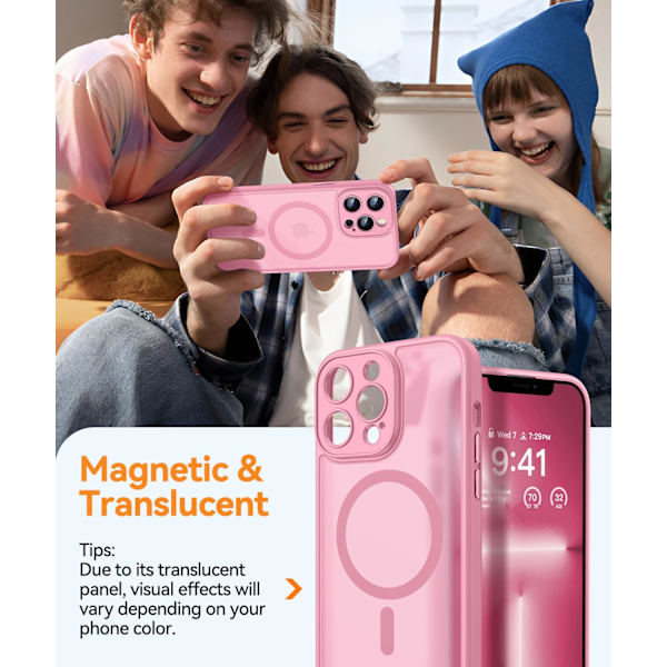 Magnetiskt Skal för iPhone 16 Pro Max med Fullständigt Kameraskydd [MagSafe-kompatibelt] [Transparent Matt] Skyddande Mobilskal, Hot Pink Rosa Pink iPhone 13 Pro Max