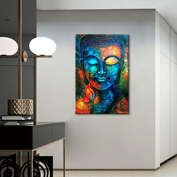 Buddhan pään seinäkoriste Indigo Blue Buddha -painatukset kankaalle