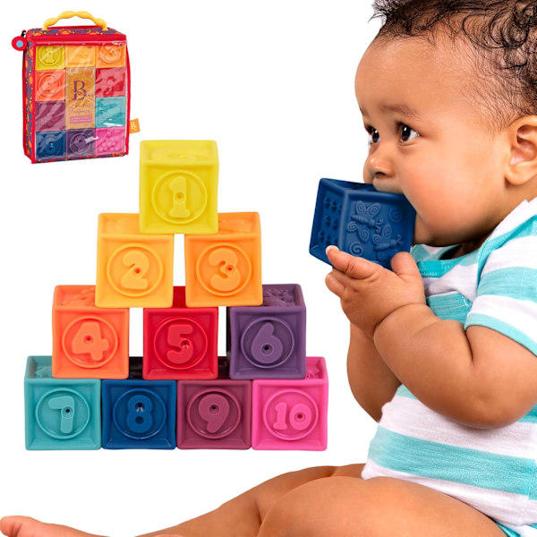 Baby Blocks - Byggklossar Pedagogiska Leksaker för Bebisar 6 Månader & Uppåt med Siffror, – 10 Mjuka & Färgglada Stapelbara Klossar Flerfärgade