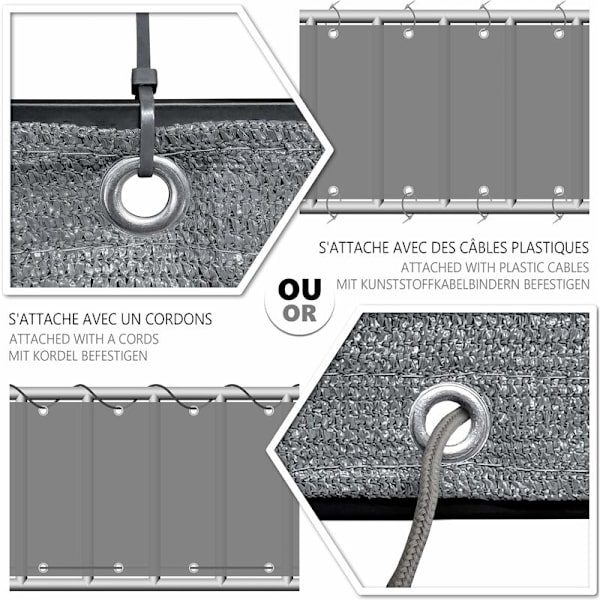 Balkongskydd, 100 % HDPE, 200 g/m², UV-skydd, riv- och vindtåligt, insynsskydd med kabelband och snören, 500 x 90 cm, grå