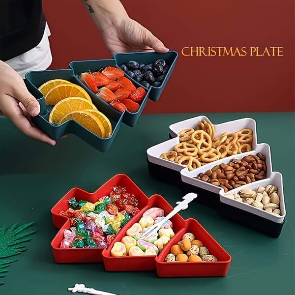 Juletræsformet snacktallerken med rød tallerken og grene, holdbart plastik White