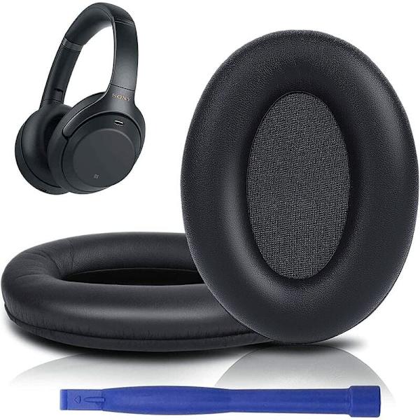 ® Udskiftningsørekopper til Sony WH-1000XM3 (WH1000XM3) Hovedtelefoner, Proteinlæderbeklædt, Støjreducerende Hukommelsesskum, Tykkelse Tilføjet - Sort