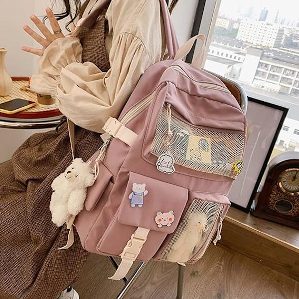 Kawaii Ryggsekk Med Søte Tilbehør Pins Plysj Anheng Kawaii Skolesekk Søt Estetisk Ryggsekk Rosa