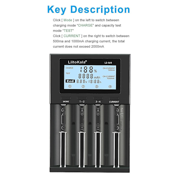 Liitokala Lii-m4 4-spårs batteriladdare med LCD-display för 18650 26650 14500 Aa Aaa litium Nimh batteri smart laddare--
