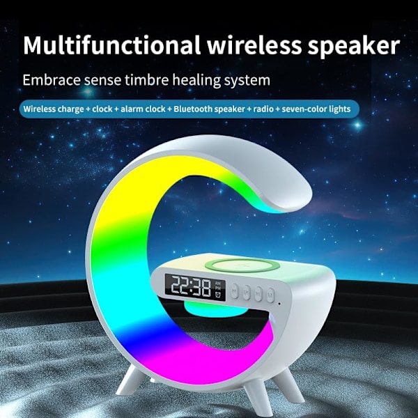 2024 Ny Multifunktionell Bluetooth-högtalare, Färgglad Atmosfärslampa, Trådlös Laddning och Väckarklocka, Sänglampa med Laddning Vit