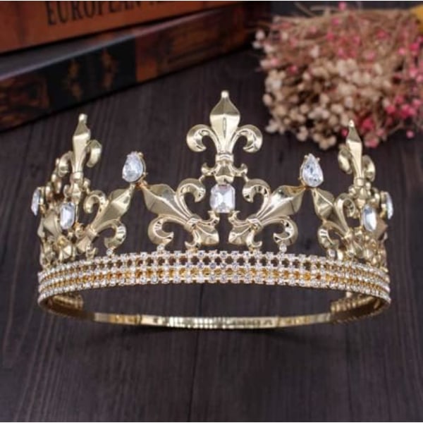 Royal King Crown Menn Metall Prins Kroner Tiaraer Hel runde til jul/bryllup/bal/konkurranse/kostymebursdagsfest/fotografering (gull), M