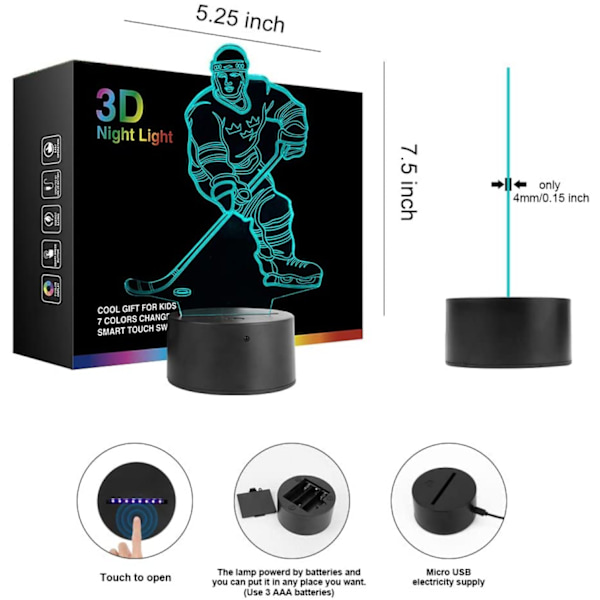 Hockey-spiller 3D nattlampe lamper for barn 7 LED fargeendrende touch bordlamper belysning kule leker gaver bursdag dekorasjon