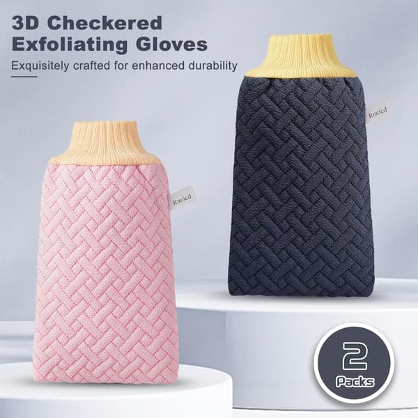 Eksfolierende handsker - 3D Check Triple Layer Eksfolierende kropsskrub til eksfoliering af død hud og strålende hud, elastisk håndled (pakke med 2)