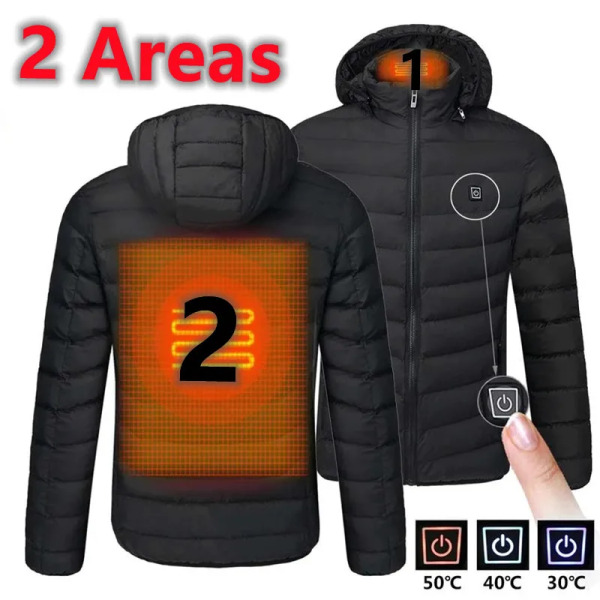 Miesten 19 alueen lämmitetty takki USB-talvi ulkona sähkölämmitys takit lämmin urheilu lämpötakki vaatteet lämmitettävä puuvilla takki 2 aluetta musta 2 Areas Black Asian size 2XL