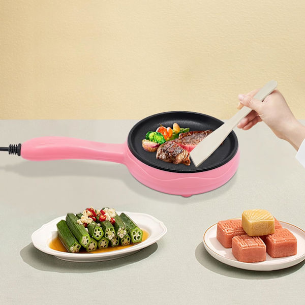 Mini elektrisk stegepande 6 tommer stegepande rund form elektrisk køkken stegepande med træspatel 450W rustfrit stål stegepande (Pink) Pink