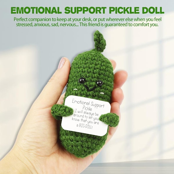 Håndlavet Følelsesmæssig Støtte Agurk Gave, Agurk Hæklet Inspirerende Gaver med Træbase, Sød Strikket Agurk Sjov Pickle (Følelsesmæssig Pickle)