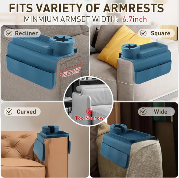 Silikon Sofakoppholder - Sklisikker Sofa Armlenebrett med Koppholder og 4 Lommer, Sammenleggbart Sofa Armlenebrett (Lyseblå) Light Blue