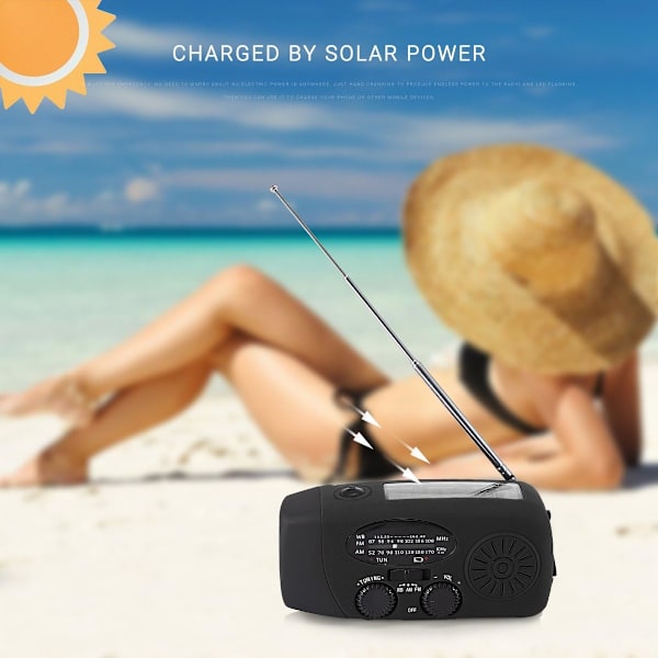 Vevradio med solceller, lommelygte og 2000mAh Powerbank rød SOS black
