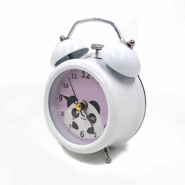 Søt tegneserie Panda Vekkerklokke Metall Twin Bell Silent Desk Clock Quartz Analog reiseklokke med nattlys, svart, hvit