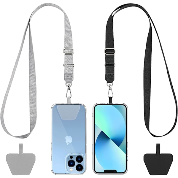 Universal Mobiltelefonkedja 2-pack - 2 x Justerbar Halsbandssnöre, 2 x Hållbara Plåster, Halsband Mobiltelefonhalsband Kompatibel med De Flesta Telefoner Black+gray