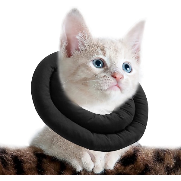 Kattkon med justerbar hals, mjuk kattåterställningshalsband för antislickning, skyddshalsband för husdjur efter operation (M, svart)