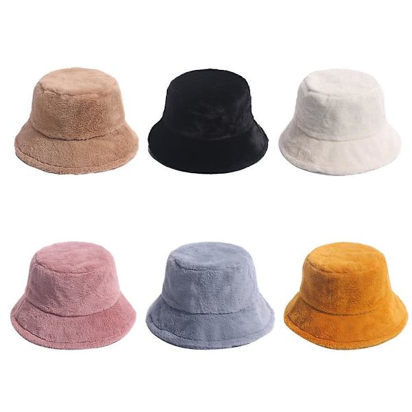 Varm lue med bred brem Unisex Fluffy Vinter Myk Lue Kvinner Faux Fur Bucket Cap（hvit）