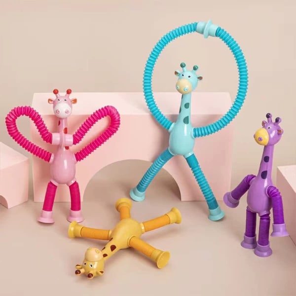4st teleskopiska giraffhalmleksaker, deformerade giraffteleskoprör tecknade leksaker, elastiska nya pedagogiska leksaker (färgglada)