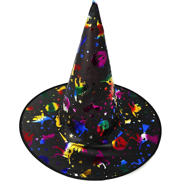 3x häxhatt för häxkostym, trollkarlshatt perfekt för karneval, Halloween-33 x 38 cm (färgglad häxhatt, hattmönster slumpmässigt)