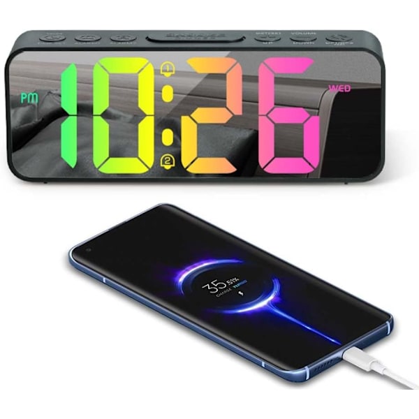 Digital väckarklocka, LED-bordsklocka med 11 karaktärsfärger, väckarklocka, digital klocka med snooze, batteridriven och USB-laddning (1,5 m)
