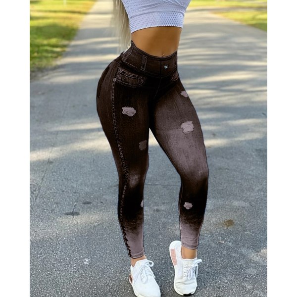 High Waist Butt Lifting Faux Denim Print Sports Leggings för kvinnor - Activewear