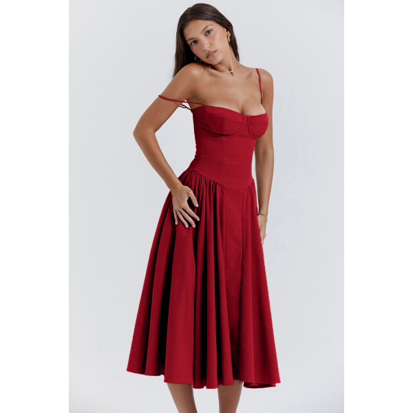 Ny fransk vintage lang kjole Palace Style strop kjole pige rød L