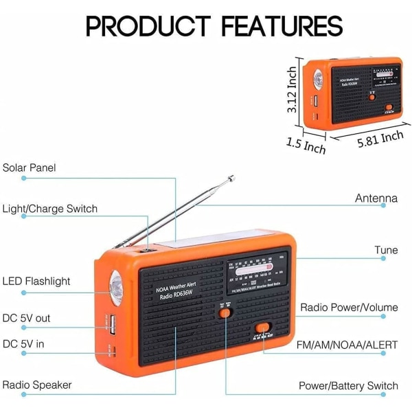 Vejrradio Solar håndsving nødradio AM/FM/NOAA vejralarm bærbar radio