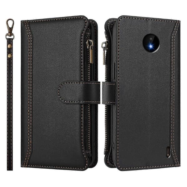 Magnetiskt Läderplånboksfodral med 9 Kortfack, Blixtlåsficka och Handrem för Säker Förvaring For Nokia C10 / C20