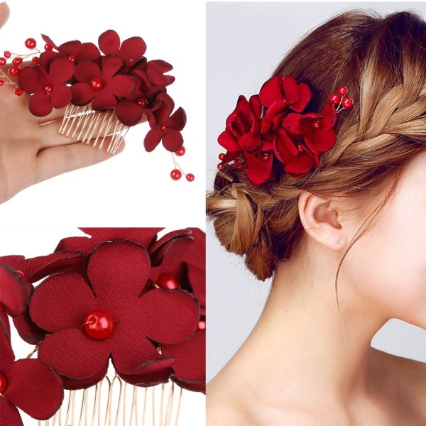 Brud Bryllup Brudepike rød blomst hårklips