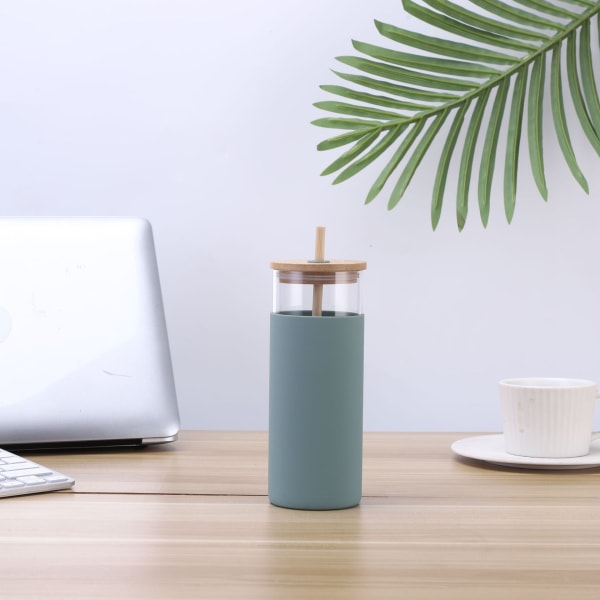 20 oz glasglas glas vattenflaska sugrör Silikon skyddshylsa bambu lock - BPA fri (grön)