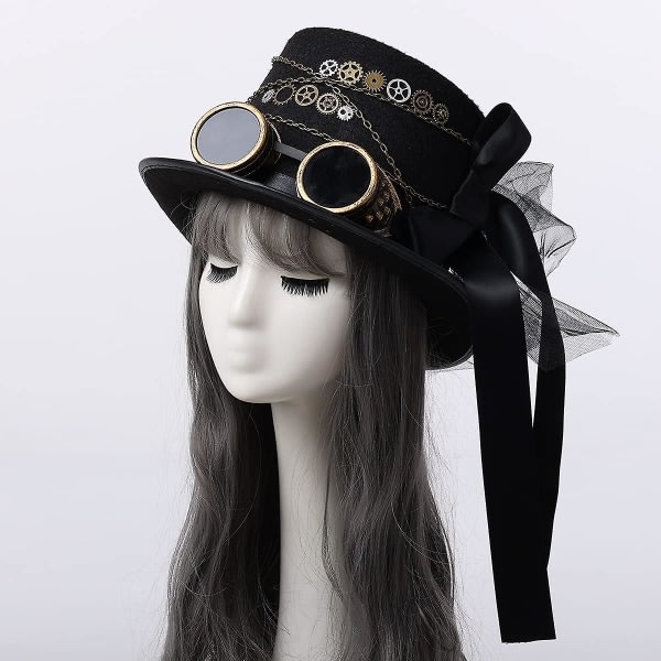 Unisex Steampunk Top Hat Halloween Kostume Hat Med Briller (60cm) Sort Brun 2 L