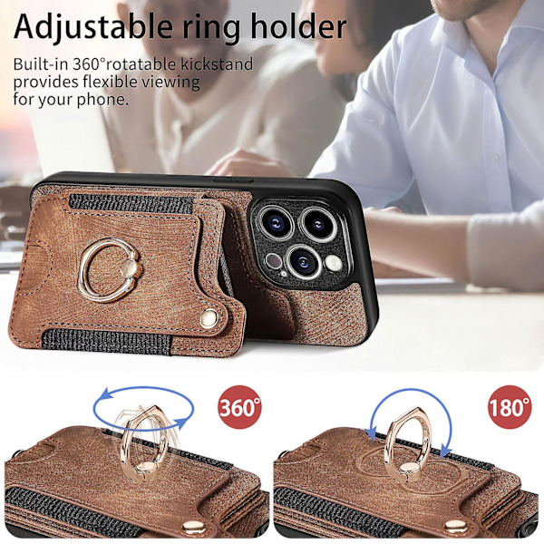 Pengepung Rfid Kreditkort Holder Ring Stativ Telefonetui Til Iphone 15 Pro/15 Pro Max 15 Ultra Med Håndledsrem Brun Brown iPhone 15 Pro