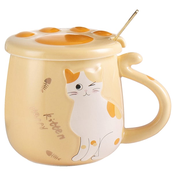 Kattekrus Søt keramisk kaffekopp med nydelig katteklolokk i rustfritt stål, spesialtekoppsett 400 ml/13,5 oz