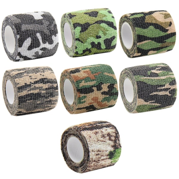 Camouflage tape, 7 ruller Multifunktionel selvklæbende ikke-vævet strækbandage til jagtgeværer Camping Wrap Protect (7 farver)--