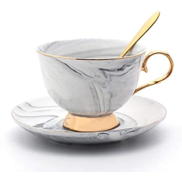 Marmor Keramisk Kopp og Sett Kamelia Mønster Bone China Kaffe Krus Te Kopp Gullkant med Kaffe Kopp, Skål og Skje, 200ml