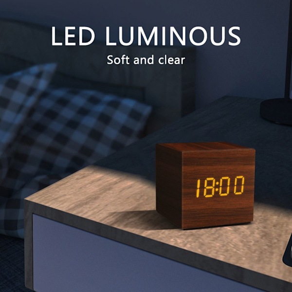 Väckarklocka LED Träklocka Bord Röststyrning Digital BRUN Brown